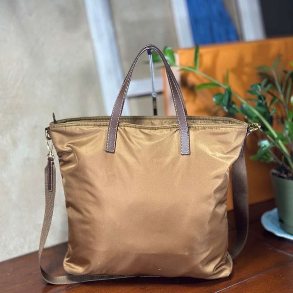 AUTHENTIC Tessuto Nylon Saffiano Shopping Tote. Tan. - Picture 3 of 15